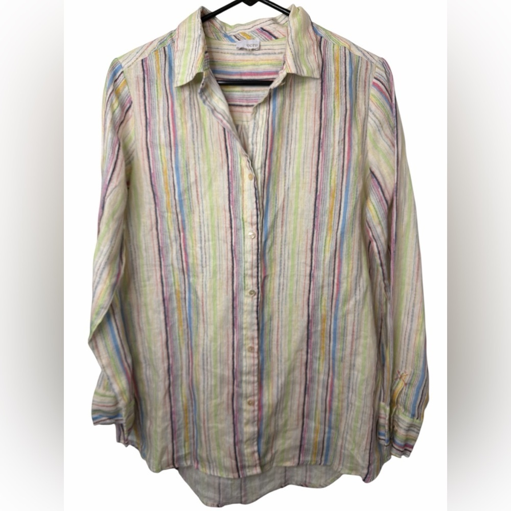 ecru Cream Shirt with Multicolor Pastel Stripes Long Sleeve Button Down